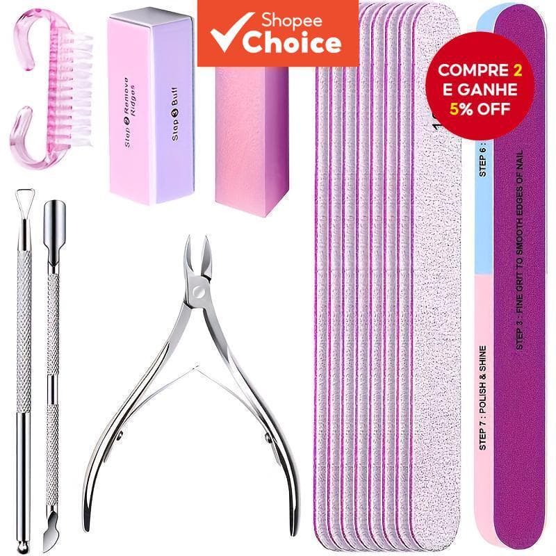 Kit-15Pcs Arquivos Profissionais 100/180 de Lixa de Unha, Bloco de Esponja, Pincel, Tesoura e Kit de Cutícula, Conjunto