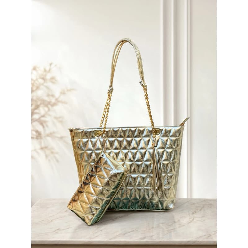 Bolsa Feminina Grande Dourada Texturizada Transversal e Ombro Luxo Kit com Necessaire Pronta Entrega