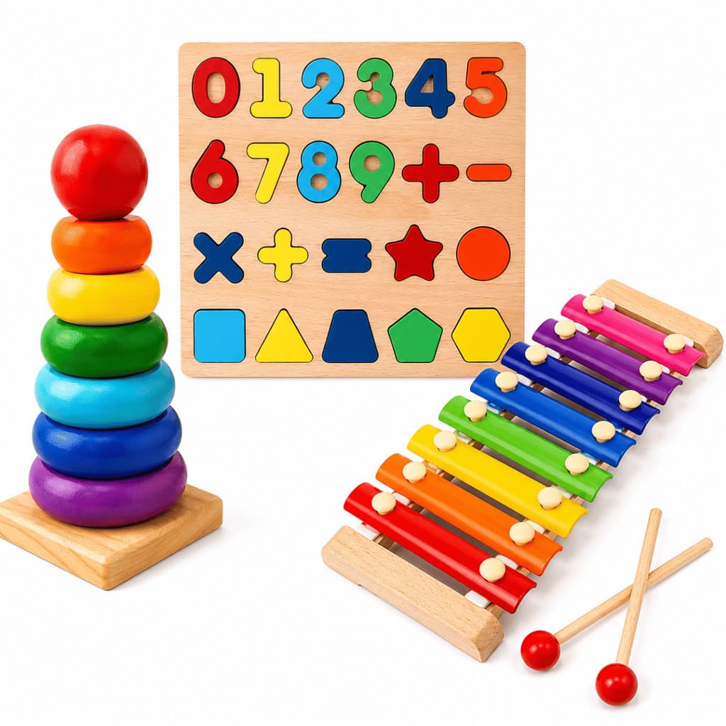 Brinquedo Educativo Montessori Madeira Torre Encaixe Xilofone Formas Geométricas