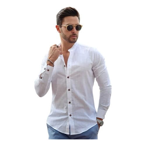 Camisa Social Gola Padre Linho Branca Manga Longa Masculina