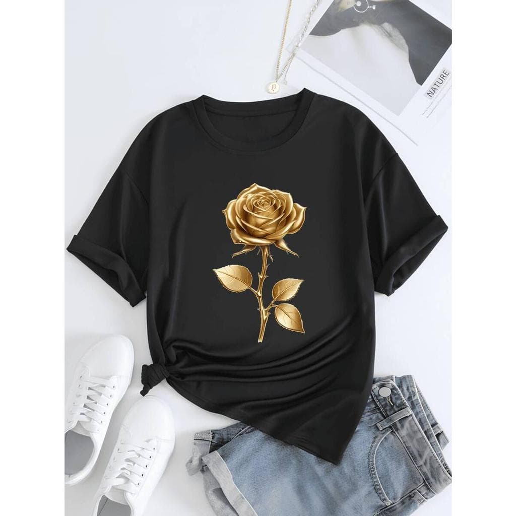 Camiseta Feminina Estampa Rosa Dourada Linda Confotavel