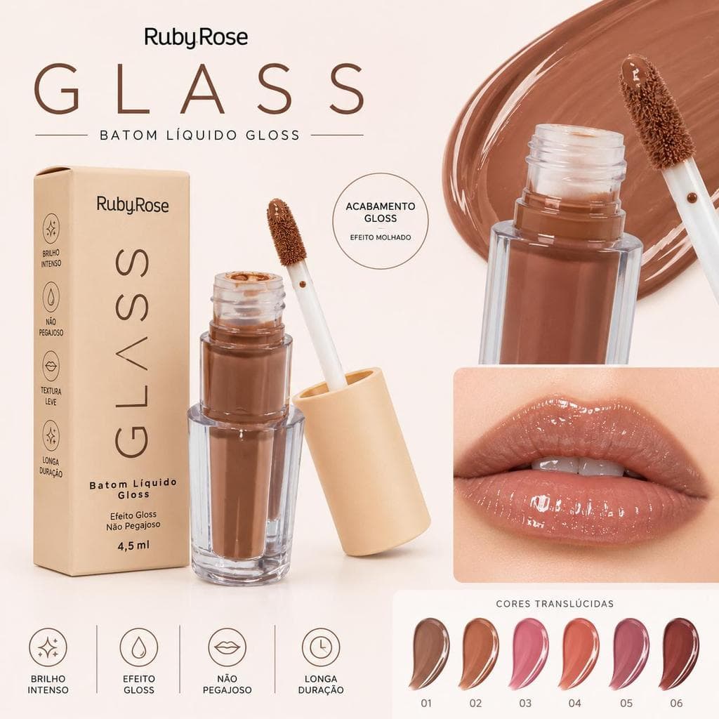 Ruby Rose Gloss Labial Glass 3ml com Alta Pigmentação e Brilho Laqueado para Lábios Cheios e Radiantes