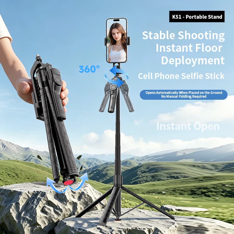 Tripé de bastão de Selfie com abertura e fechamento automático de um botão 185 cm Estabilizador de telefone móvel Anti-v