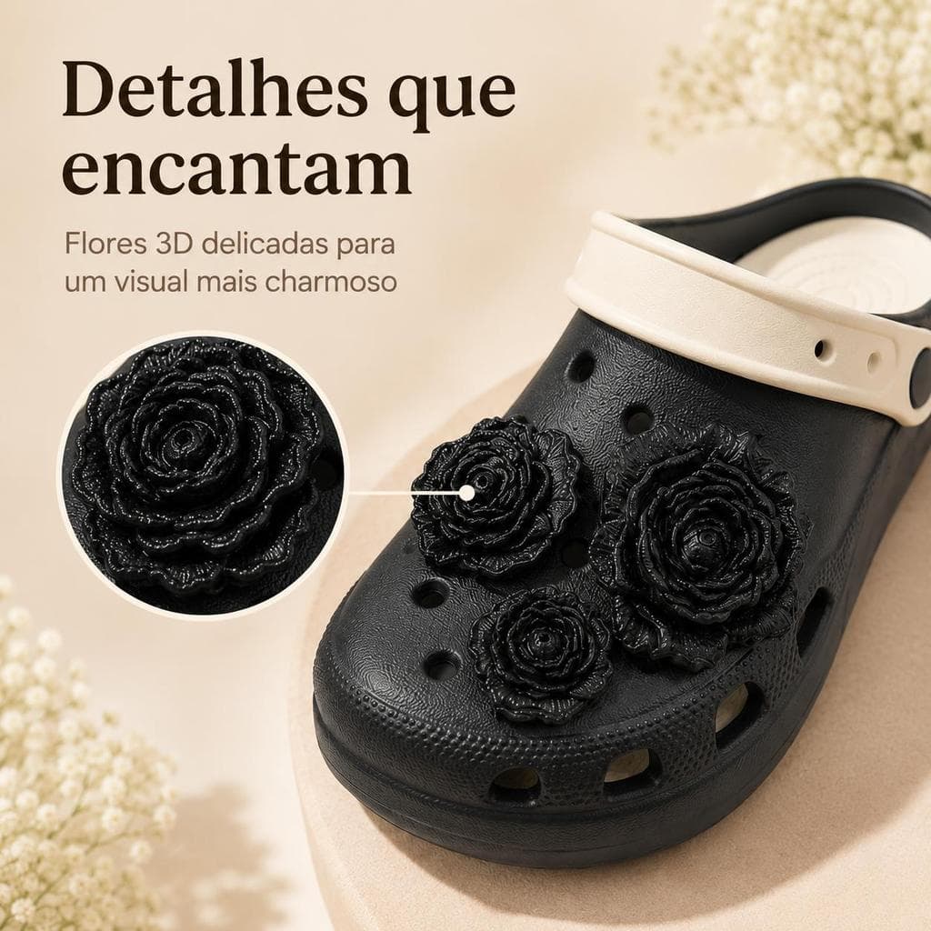 Babuche Feminino com Flores 3D, Chinelo Clog Leve e Respirável com Alça Ajustável para Uso Diário, Casa e Passeio
