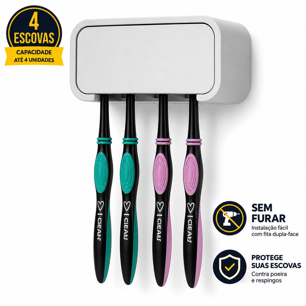 Suporte Porta Escova de Dente de Parede com Tampa | Organizador para Banheiro sem Furar | Porta Escovas para 4 Unidades