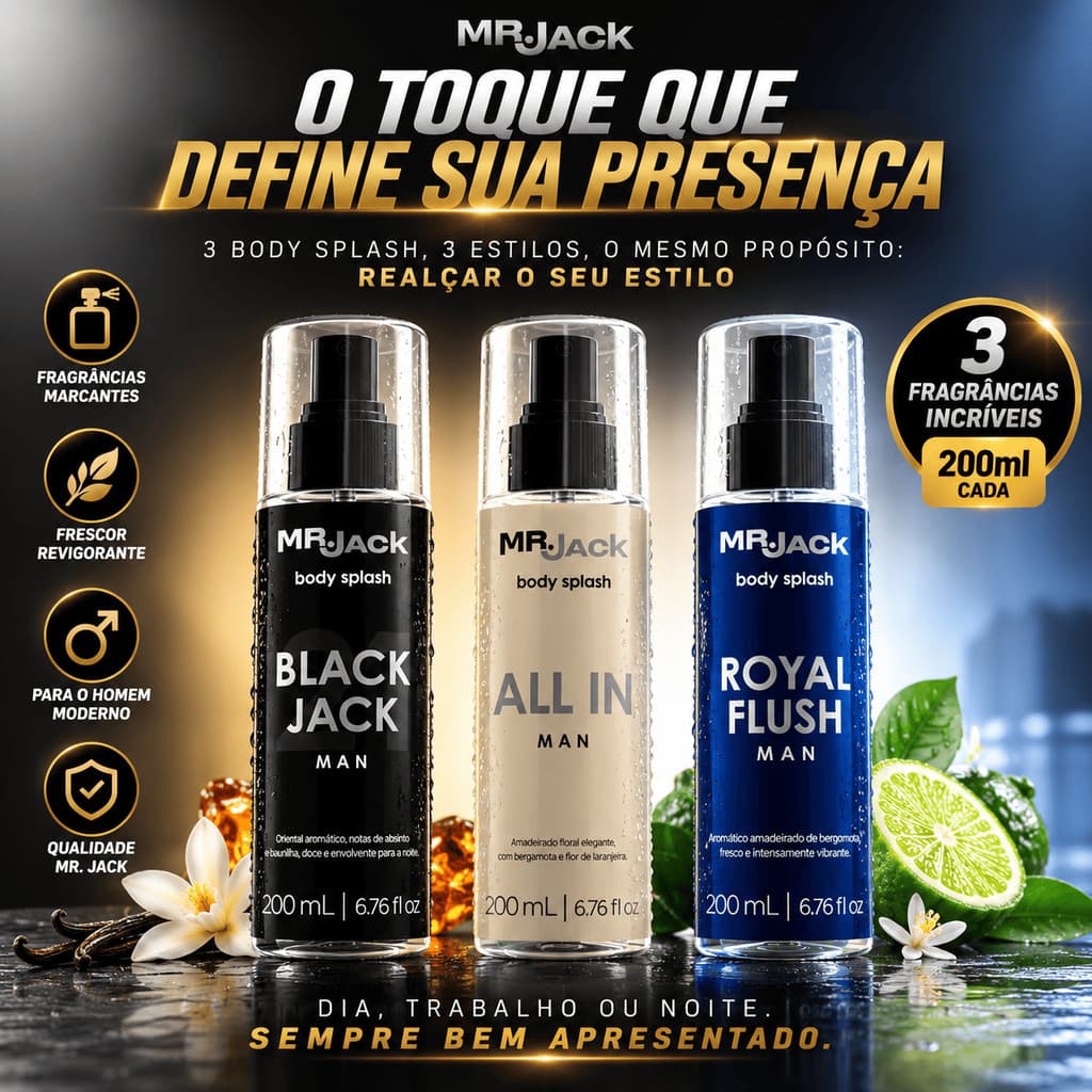Kit Body Splash Masculino Mr. Jack 3x200ml BlackJack 21 All In Royal Flush Perfume Refrescante Kit ou Un