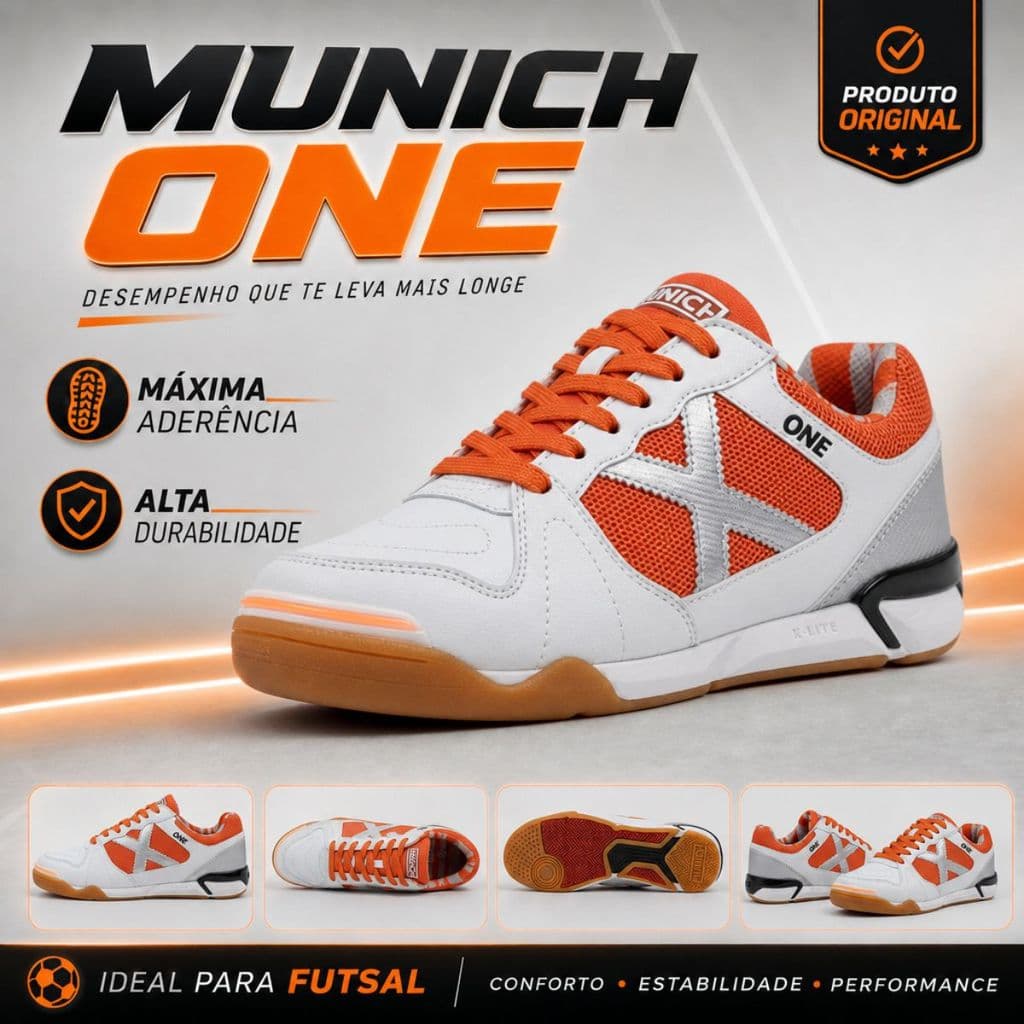 Chuteira Futsal Munich One Juvenil Original  Laranja/Branca MK-04