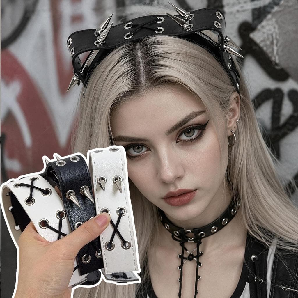 Doce Legal Estilo Escuro Picos De Metal Cosplay Argola De Cabelo-Preto Branco Rebite Orelha De Gato Couro Do Plutônio Fe