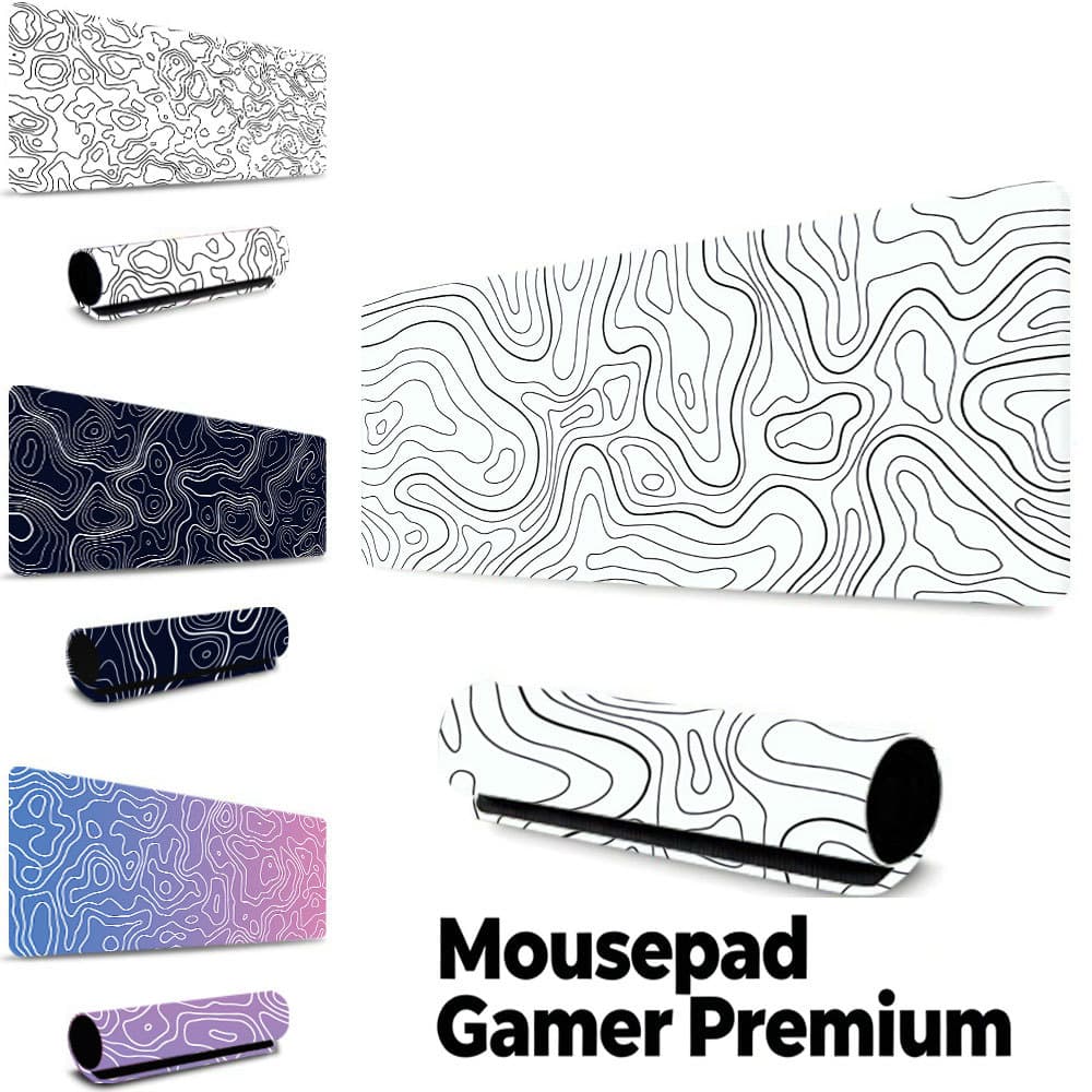 Tapete Gamer Linhas Topográficas Minimalista, borda costurada, base borracha antiderrapante, à prova d'água mesa