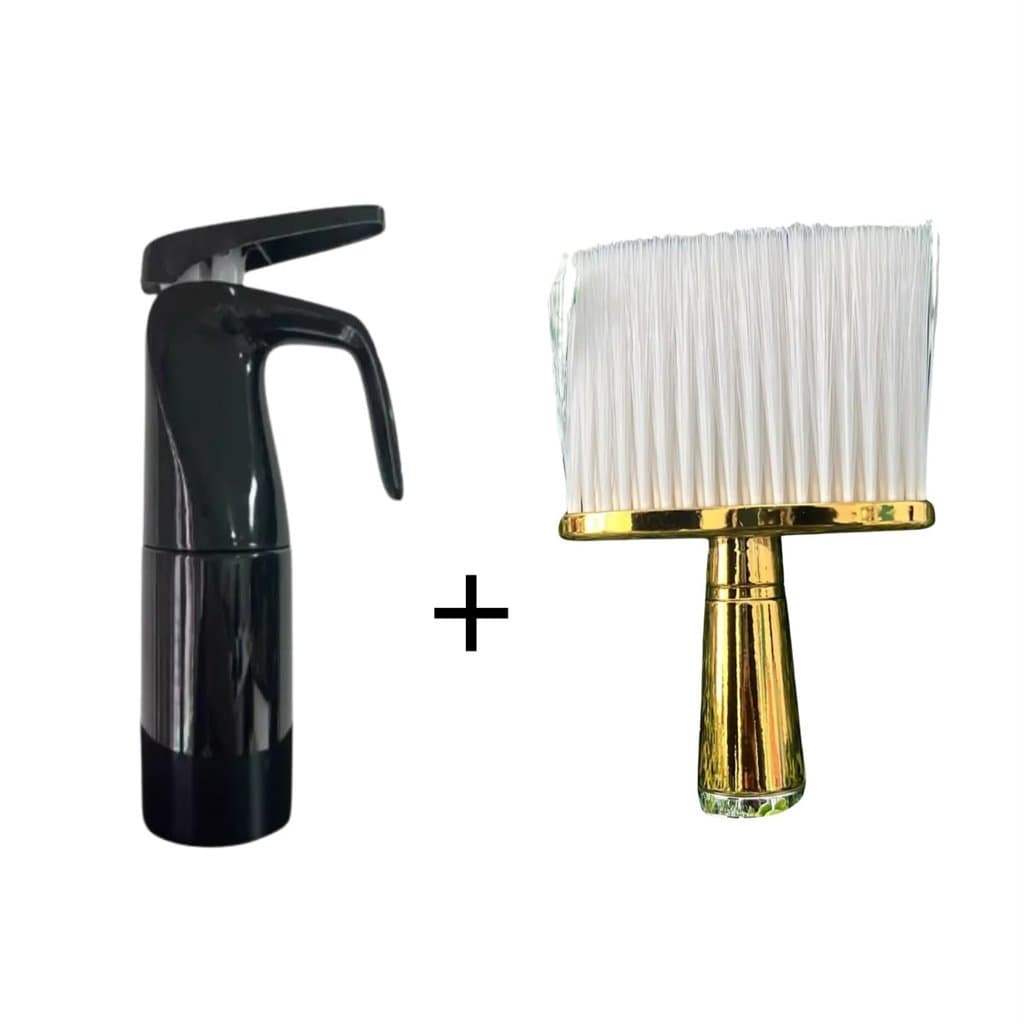 Kit de Barberio Espanador Sintético Quadrado Dourado e Borrifador Bico de Ganso Preto 200ml