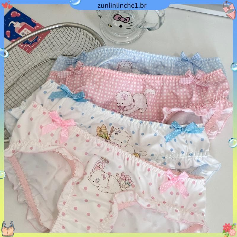 Japonês bonito bolinhas doce xadrez menina calcinha gatinho babados dos desenhos animados Plus Size Briefs feminino doce