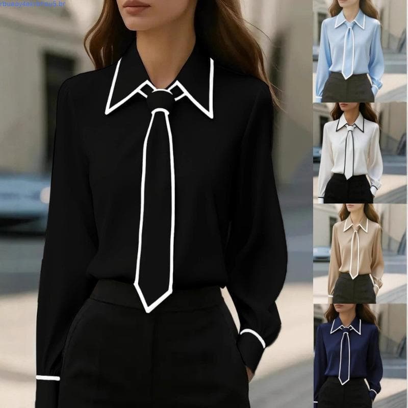 Blusa Feminina Elegante Gravata Branca Lapela Design Casual Csas De Manga Comprida E Blusas Primavera Outono Escritór