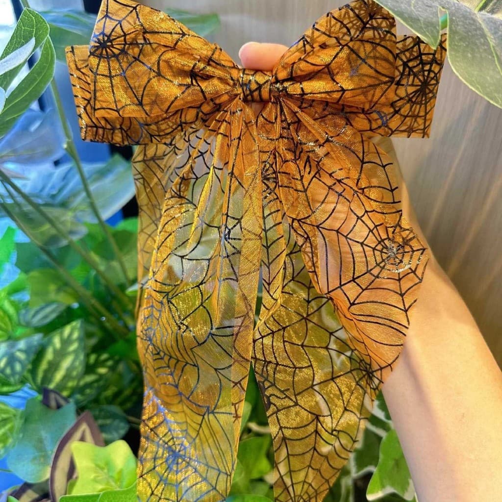 [Estoque pronto] Punk Spider Web Padrão Impresso Arco Primavera Clipe Laranja Gaze Fita Grampo de Cabelo Halloween Cocar
