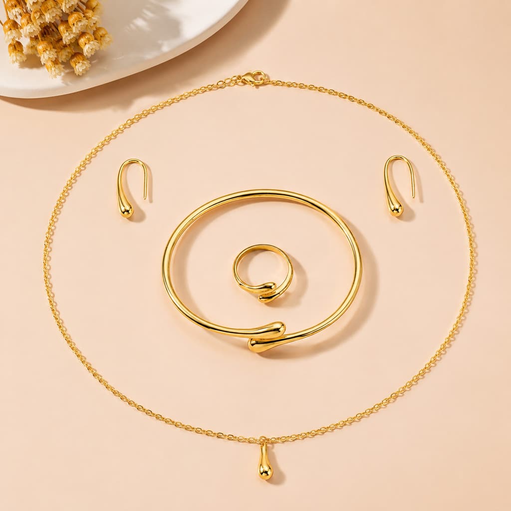 Conjunto De 4 Peças Moda Simples Gota De Água Joias Anel Brincos Colar Pulseira Coleção