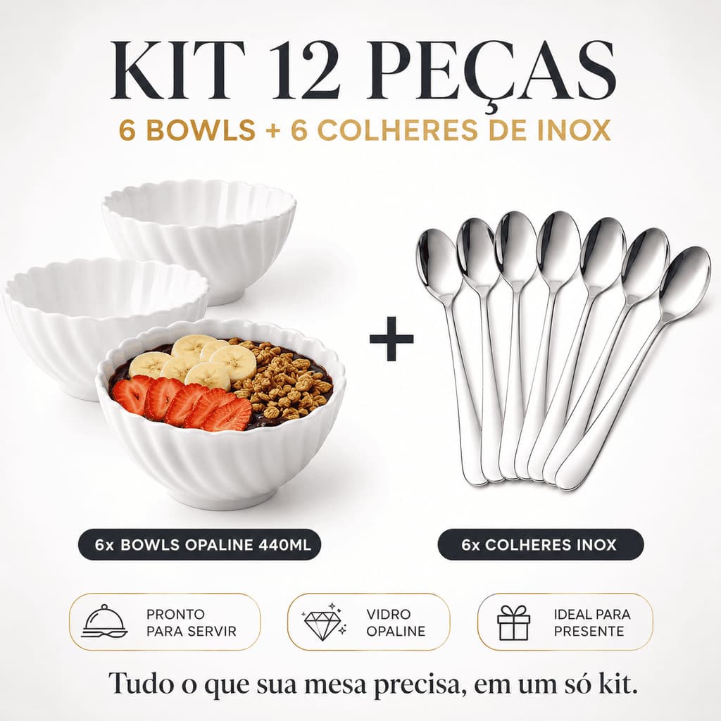 Kit 6 Bowls Vidro Opaline Branco 440ml + 6 Colheres Inox Cumbuca Tigela Açaí Sorvete Sobremesa Completo