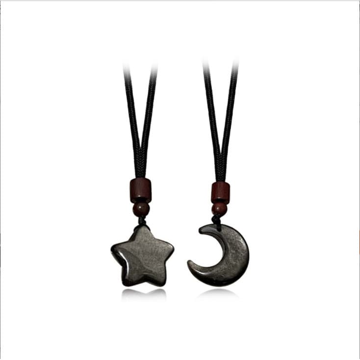 Colar de Casal com Pingente de Estrela e Lua em Obsidiana Prateada Natural, Joia de Moda Simples e Luxuosa 3ZQB
