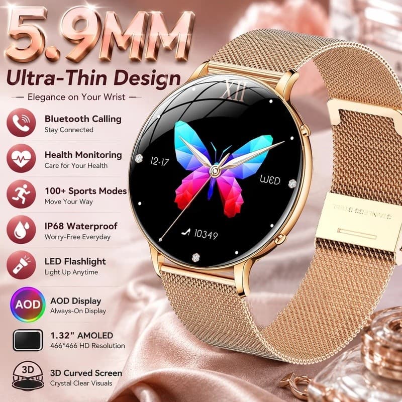 Ultra-Fino3d Curvado Tela AMOLED Relógio Inteligente Feminino Lanterna LED Bluetooth Chamada Sempre Ligado Display Smart