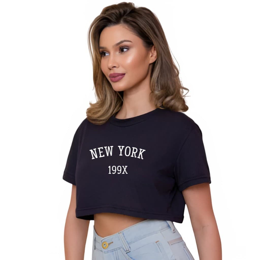 Camiseta Feminina Cropped Básica De Malha Algodão New York