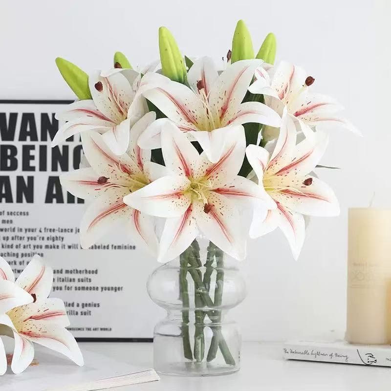 Lírio decorativo em miniatura 3D, flor artificial com 2 flores e 1 fruto--11103