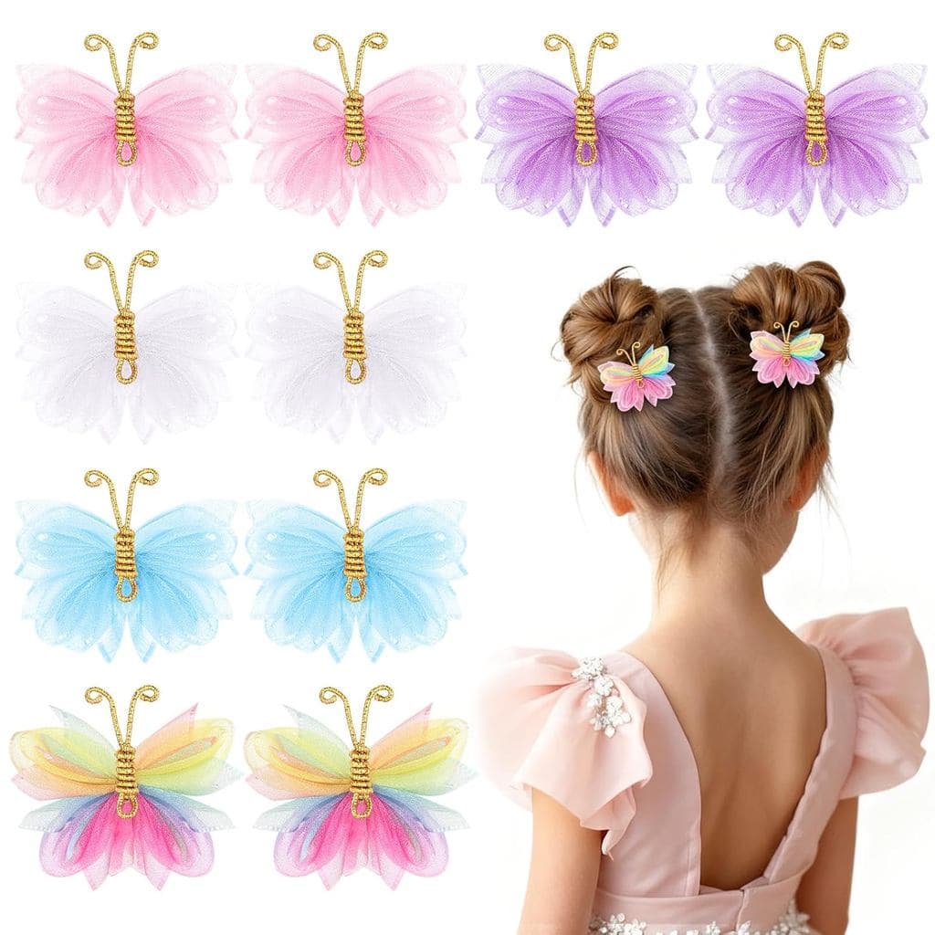 10 Laços de Cabelo Mini Borboleta para Meninas com Strass e Presilhas Móveis