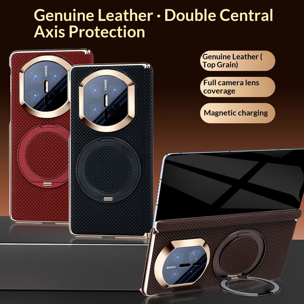 Capa De Couro Com Anel De Suporte Magnético Para Huawei Mate X7 MateX6 X5 X3 , Proteção De Dobradiça De Eixo Central Dup