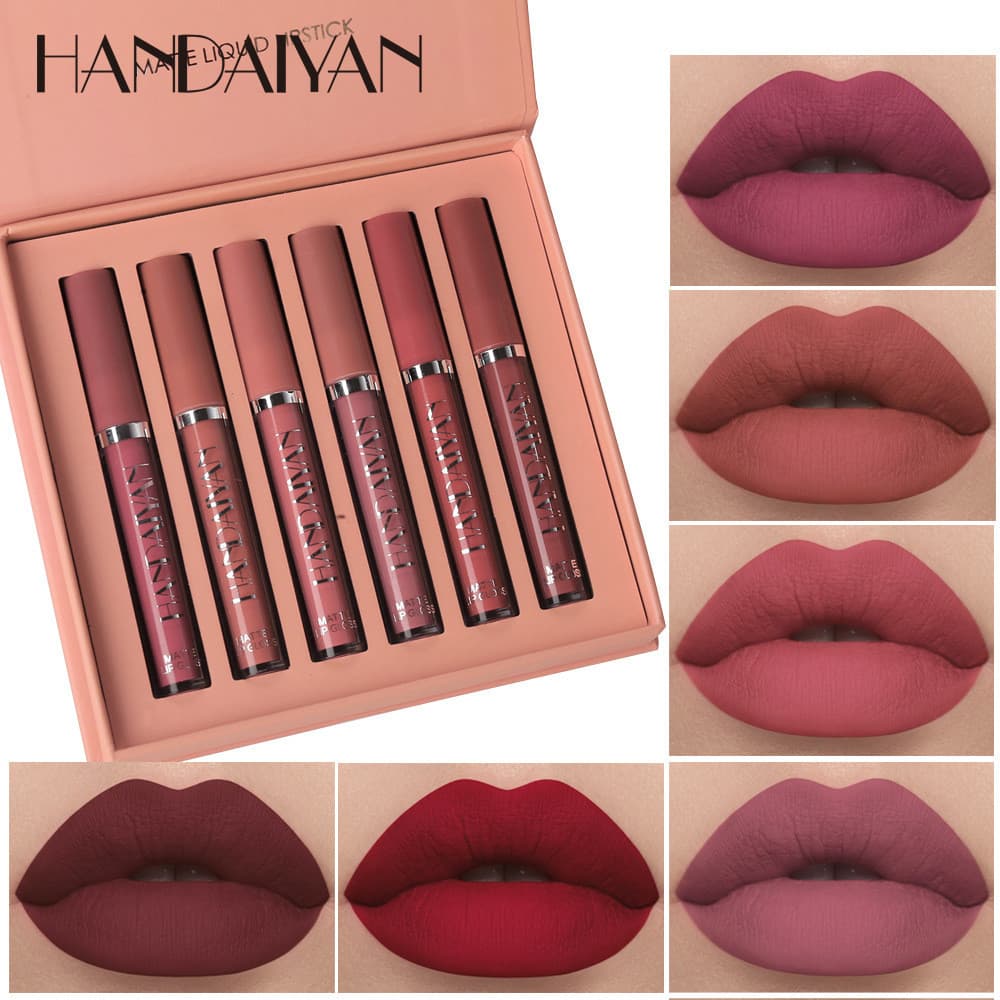 Han Daiyan Matte Lip Glaze Set 6pcs à prova d'água, não desbota, de longa duração, brilho labial, caixa de presente