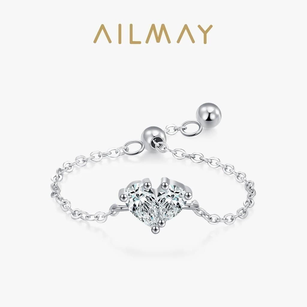 Ailmay 925 Prata Esterlina Pêra Coração Ajustável Zircão Corrente Anel Para Jóias Femininas