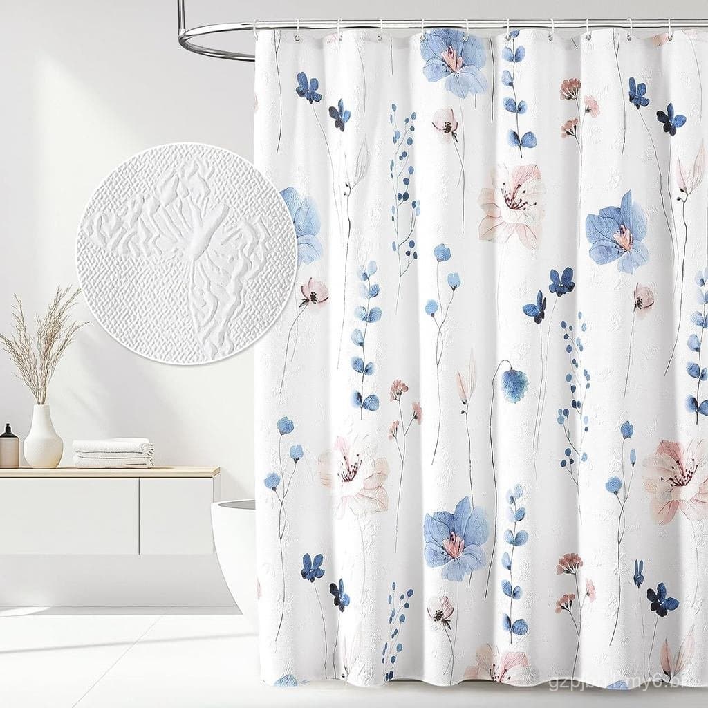 Cortina de Chuveiro Floral em Aquarela QiyI, Cortina de Banheiro com Borboletas em Relevo 3D e Flores Azuis e Rosas, Cor