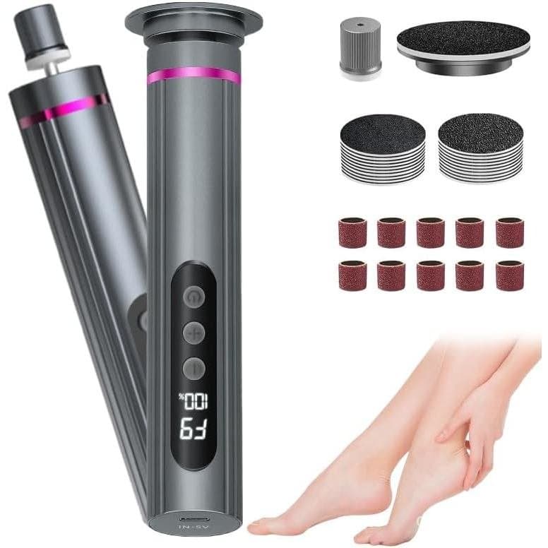 Removedor de Calos Elétrico 2 em 1, Ferramenta Profissional de Pedicure para os Pés, Cinza, 9 Velocidades Ajustáveis, Re