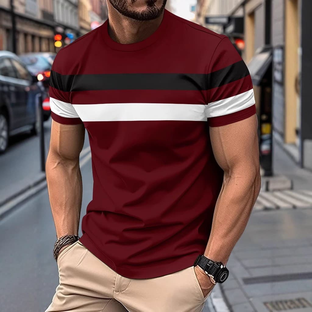 Tamanho grande verão masculino em torno do pescoço manga curta costura contraste cor camisa de fundo pulôver fino Casual