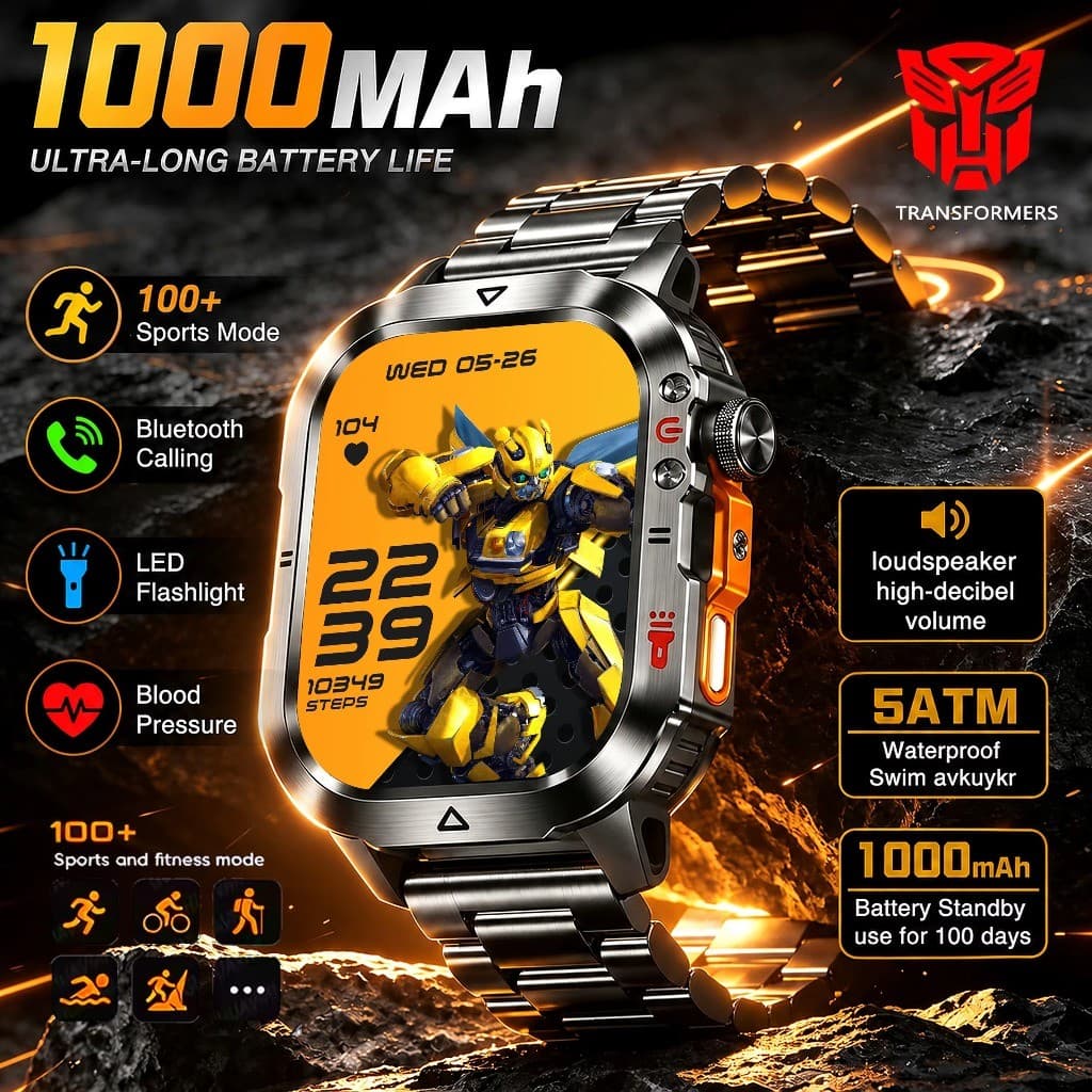 Novo Bumblebee Militar Smartwatch Relógio Inteligente 1000mAh Chamada Bluetooth Lanterna LED Monitor BP 100 + Esportes 5