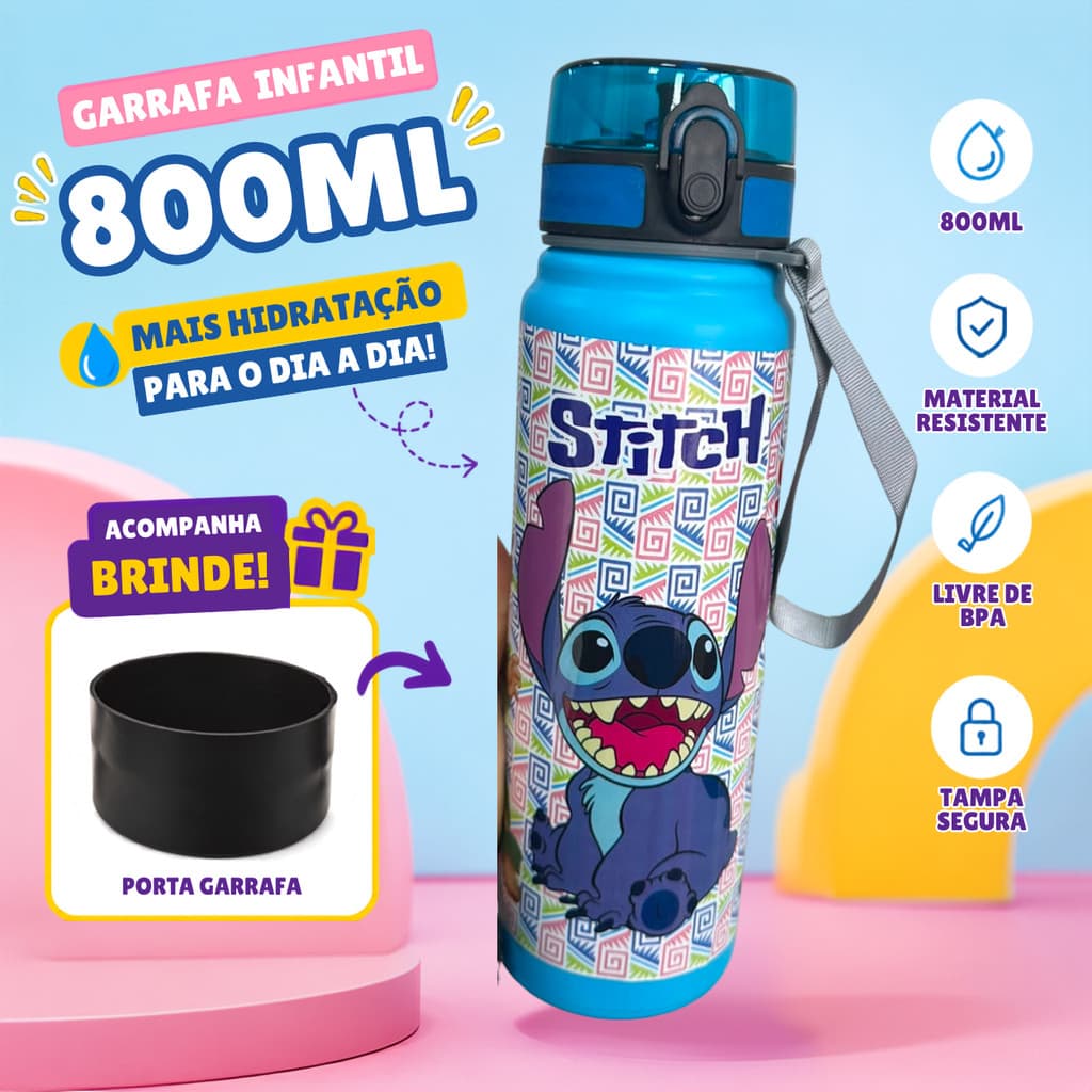 Garrafa Infantil Stitch 800Ml com tampa Flip Kit 1/2/3 com Alça +BRINDE