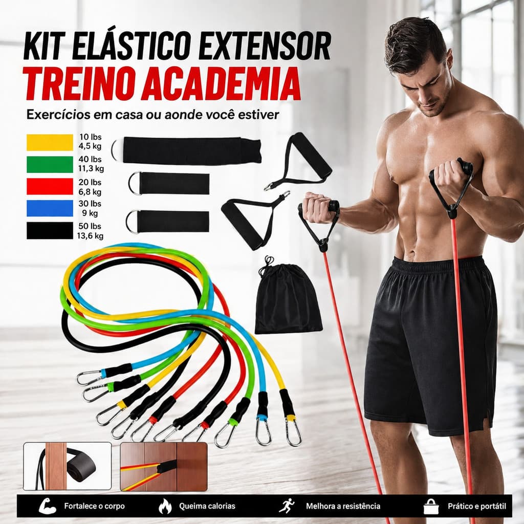 Kit 11 Elastico Extensor Treino Fitness Funcional Academia  Yoga Em Casa Ginastica