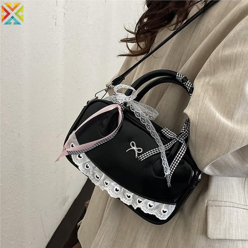 Bolsa Feminina Estilo Balé Doce Boston , Couro PU Brilhante , Alça Superior Conversível , Crossbody Com Detalhe De Laço
