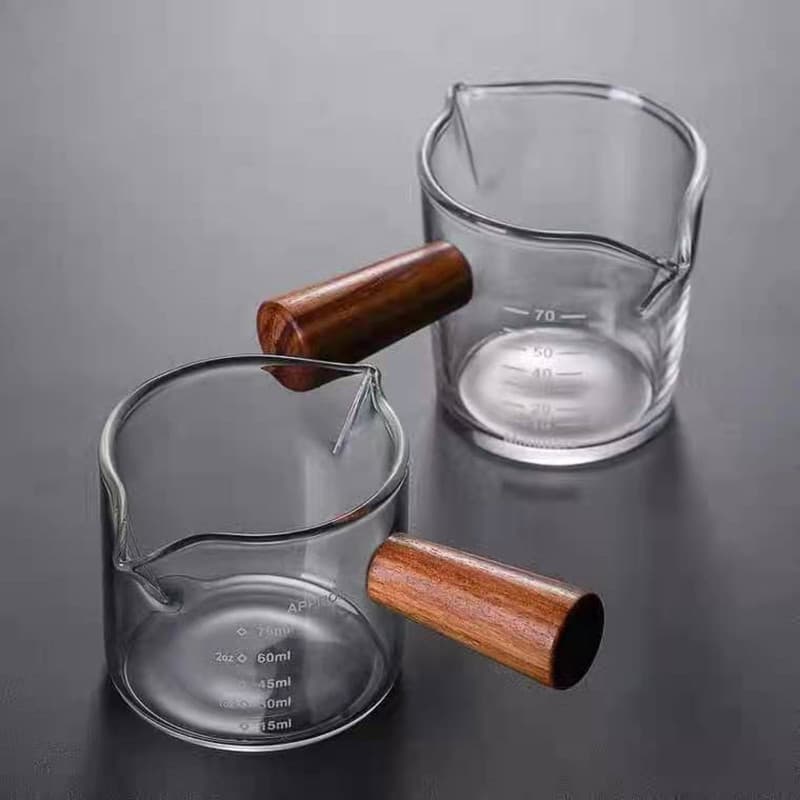 Copo de leite pequeno com alça de madeira, boca dupla, copo de café de vidro com alto teor de borosilicato, pequeno tanq