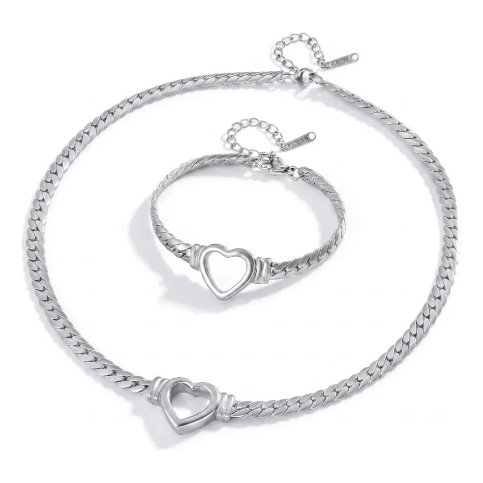 Conjunto Colar Pulseira Grumet Aço Grossa Pingente Coração