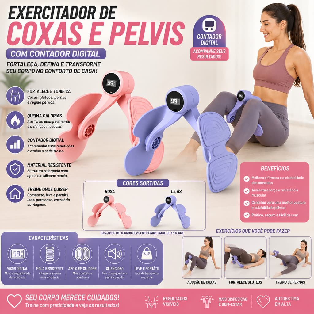 Exercitador de Coxas e Pelve com Contador Digital Fortalecedor de Pernas Glúteos Assoalho Pélvico Fitness