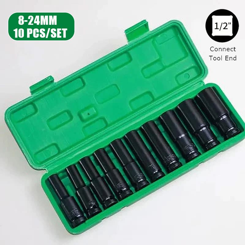 Jogo de Soquetes de Impacto Longo 10 Peças 8 A 24mm 1/2
