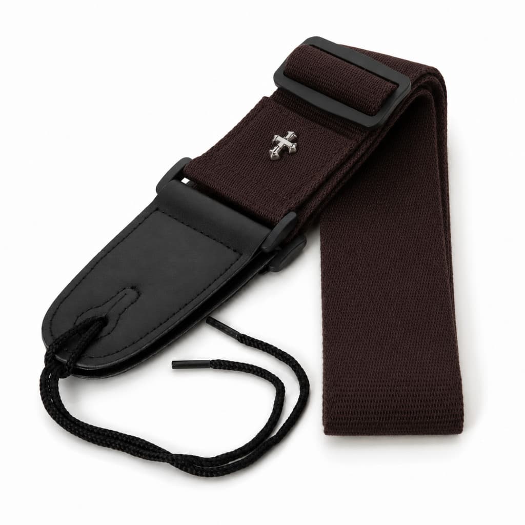 Correia Cristã Marrom Para Violão Guitarra Em Algodão Com Crucifixo Vintage Porta Palhetas