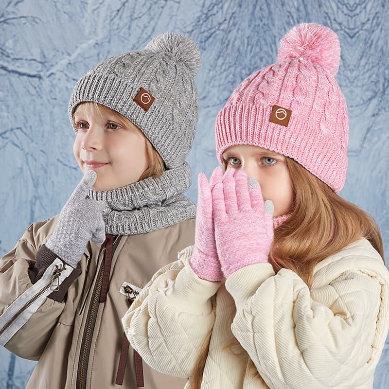 Conjunto de 3 peças de inverno para crianças: gorro, cachecol e luvas, gorro unissex de malha com proteção para as orelh