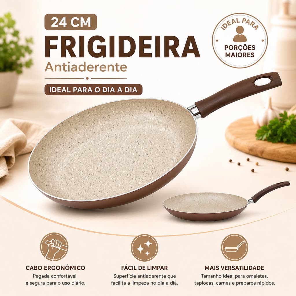 Frigideira Apollo 24cm Cerâmica Antiaderente Marrom Resistente com Cabo Ergonômico