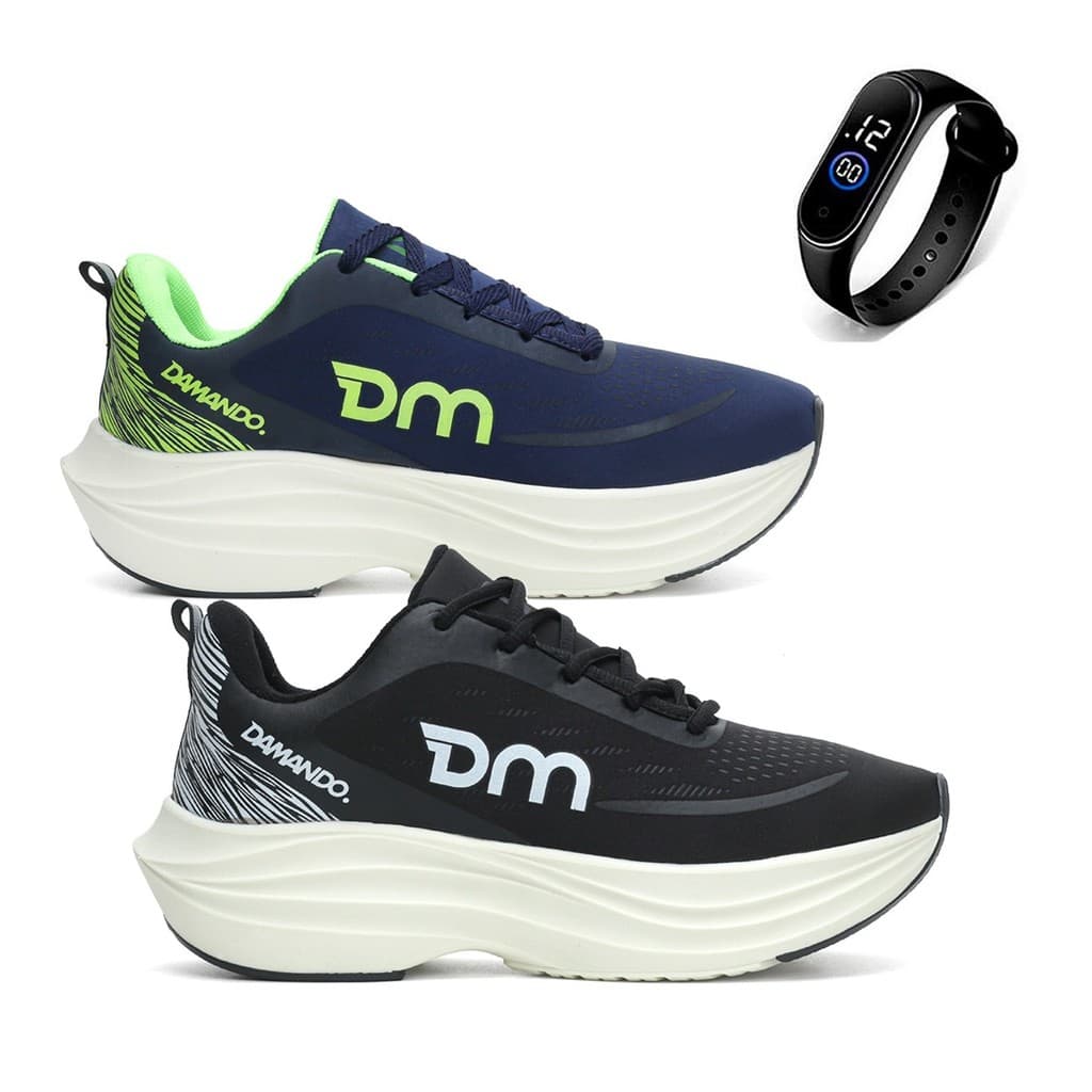 Kit 2 Pares Tênis Unissex Anatômico Esportivo Corrida Caminhada + Relógio Digital