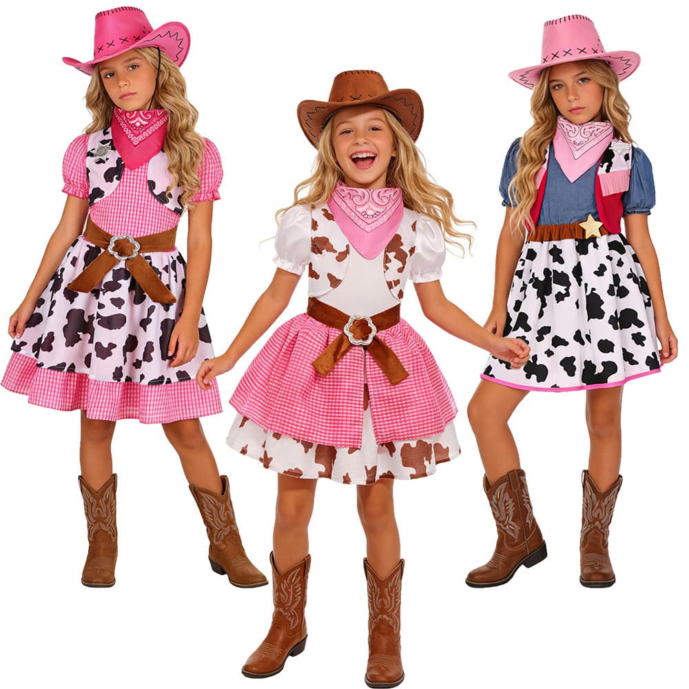 Crianças Meninas Ocidental Cowgirl Traje Vaca Impressão Vestido Conjunto Com Chapéu De Cowboy Bandana Cinto Para Hallowe
