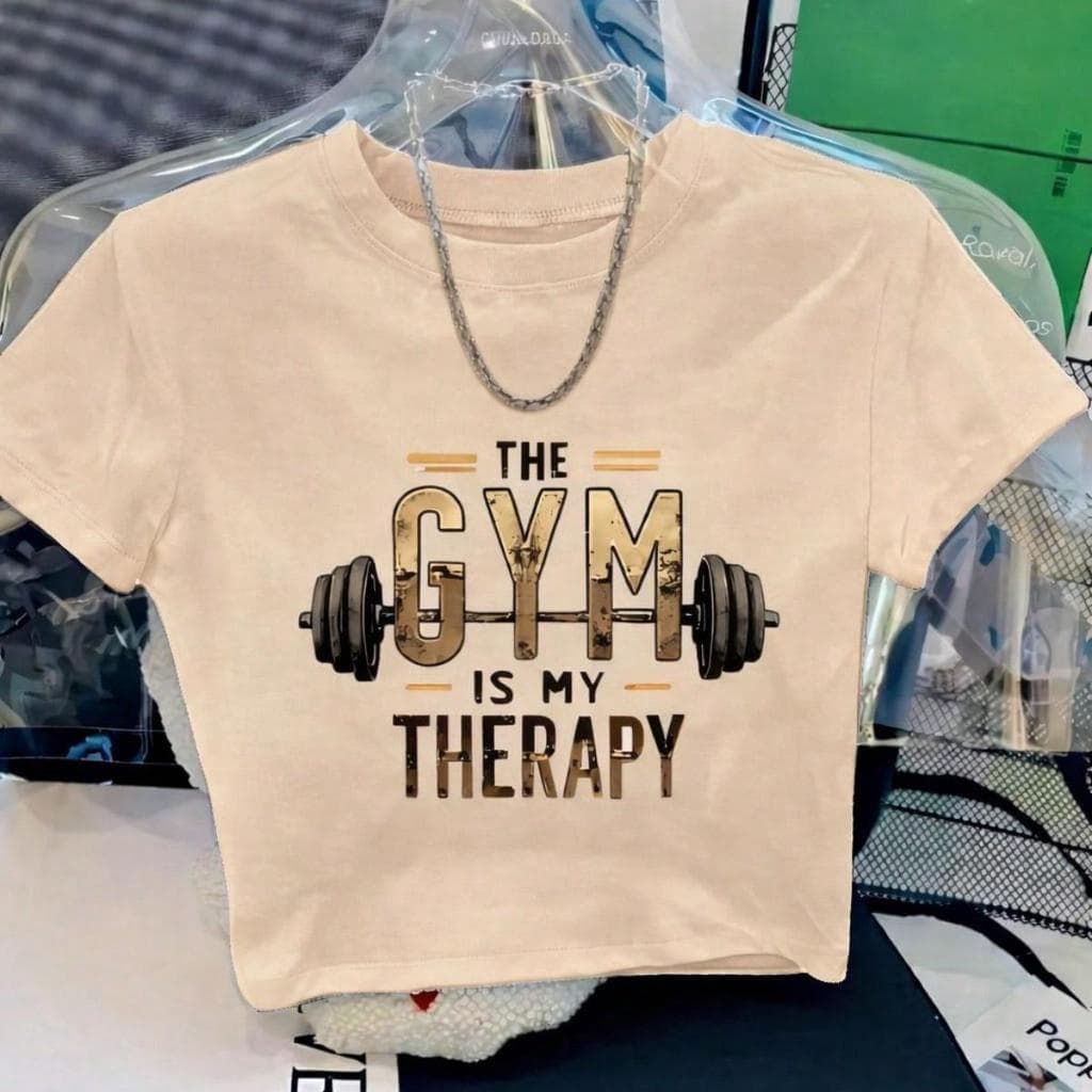 Cropped Feminino Estampa de Academia Gym Therapy Top Camiseta Leve Confortável de Manga Curta Casual