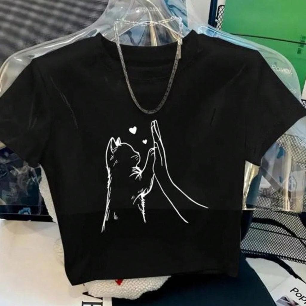 Cropped Feminino Estampado Gato Casual Manga Curta 100% Algodão Camisa Basica Top Para o Dia a Dia