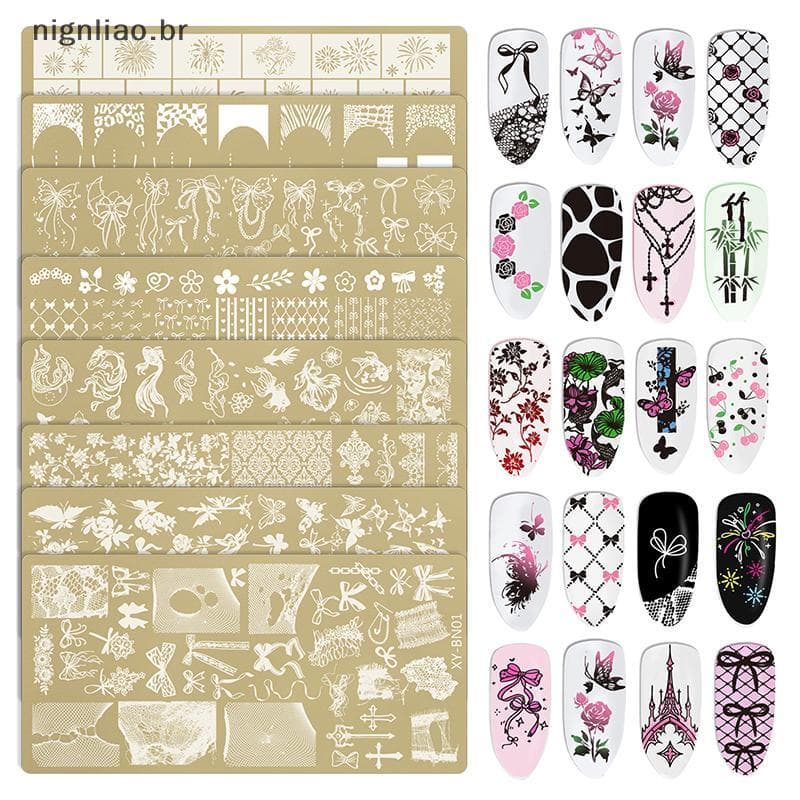 nignliao 12x6cm Dourado Retangular Placas De Carimbo De Unhas Bowknot Borboleta Flor Fogos De Artifício Projetos Modelo