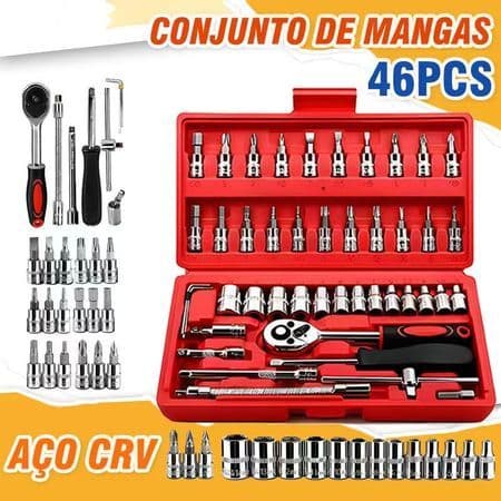 Kit De Ferramentas 46 Peças Jogo De Soquetes Chave Catraca Reversível Com Maleta Jogo De Ferramentas Completo