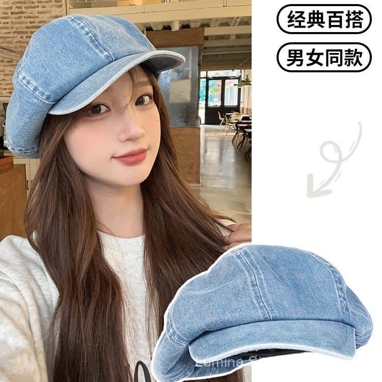 Boina Octogonal de Denim para Mulheres, Outono 2025, Novo Chapéu Vintage Estilo Pintor, Chapéu Nuvem, Boné Estilo Newsbo