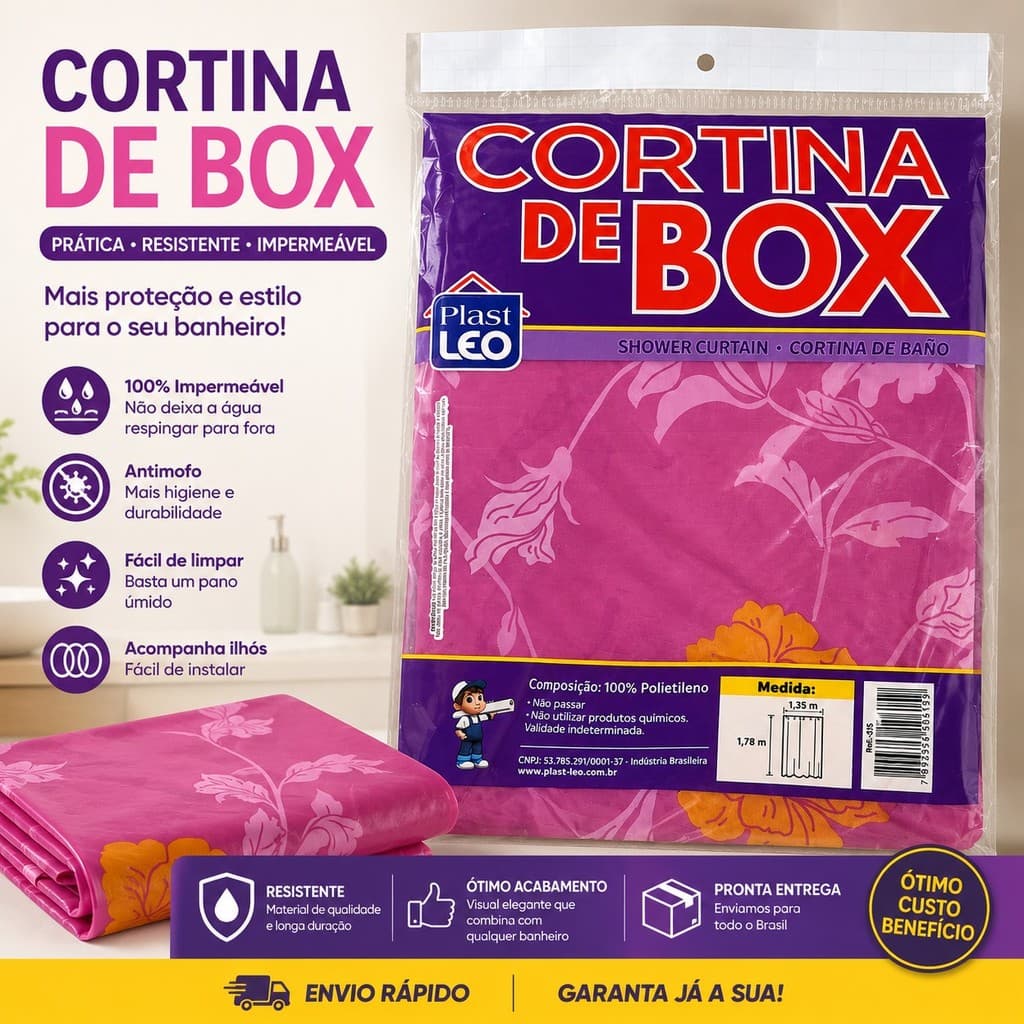 Cortina Para Box Banheiro Impermeável Antimofo 1,35x1,78m 8 Ganchos