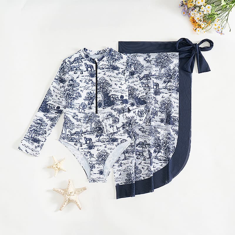 Maiô Feminino De Manga Comprida Com Estampa Azul Real – Roupa De Banho 2 Em 1 Fundo Contornado Para Roupas De Praia Infa